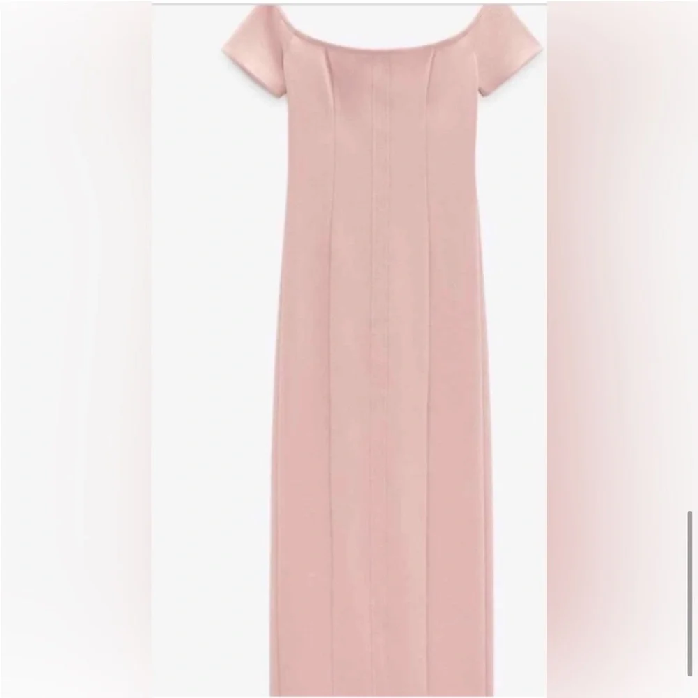 🆕(NWT) ZARA Bloggers Fav Blush Pink Off-The-Shoulder Sheath Midi/Maxi Dress. LG - Picture 11 of 15